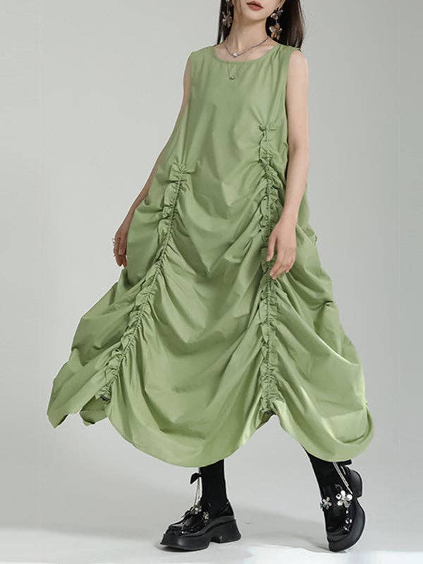 Loose Sleeveless Asymmetric Elasticity Pleated Solid Color Round-Neck Maxi Dresses