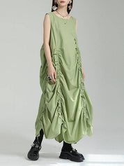 Loose Sleeveless Asymmetric Elasticity Pleated Solid Color Round-Neck Maxi Dresses