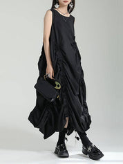 Loose Sleeveless Asymmetric Elasticity Pleated Solid Color Round-Neck Maxi Dresses