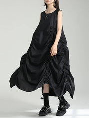Loose Sleeveless Asymmetric Elasticity Pleated Solid Color Round-Neck Maxi Dresses