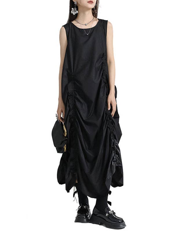 Loose Sleeveless Asymmetric Elasticity Pleated Solid Color Round-Neck Maxi Dresses