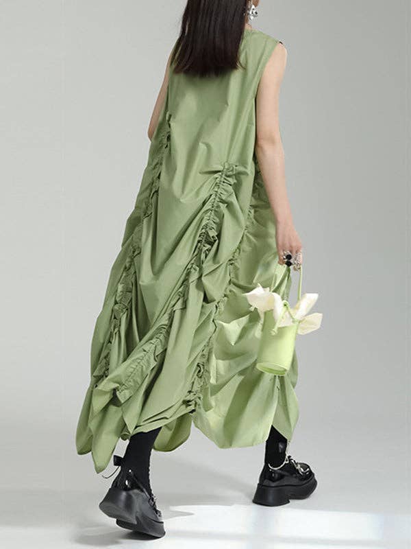 Loose Sleeveless Asymmetric Elasticity Pleated Solid Color Round-Neck Maxi Dresses