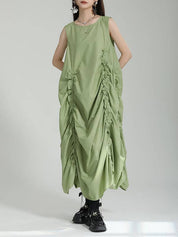 Loose Sleeveless Asymmetric Elasticity Pleated Solid Color Round-Neck Maxi Dresses