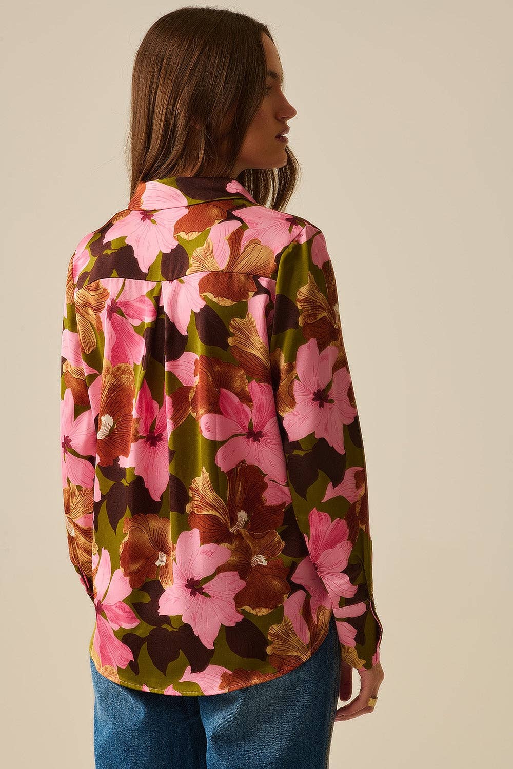 Satin Finish Tropical Floral Shirt in Olive Green