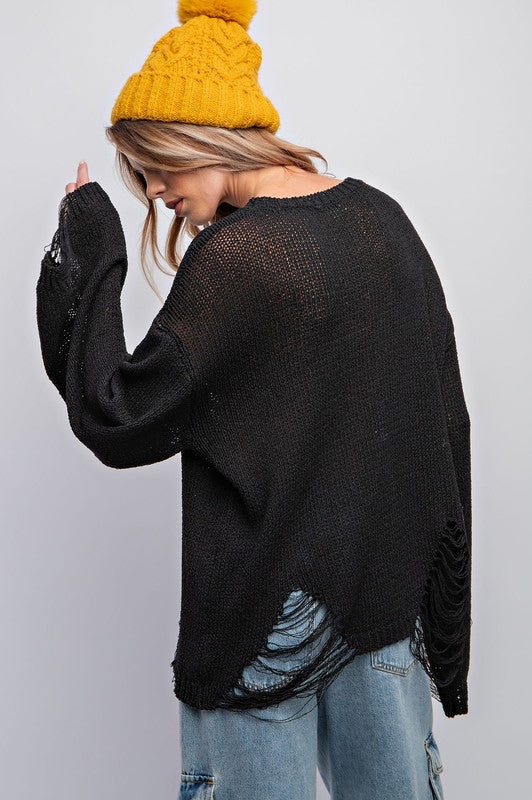 Distressed Long Sleeve Knit Sweater