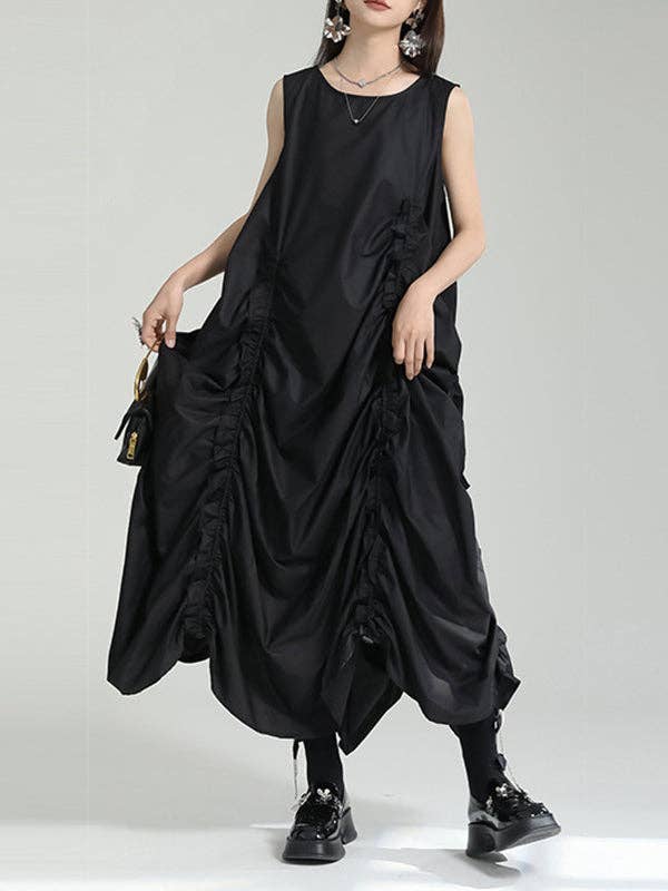 Loose Sleeveless Asymmetric Elasticity Pleated Solid Color Round-Neck Maxi Dresses