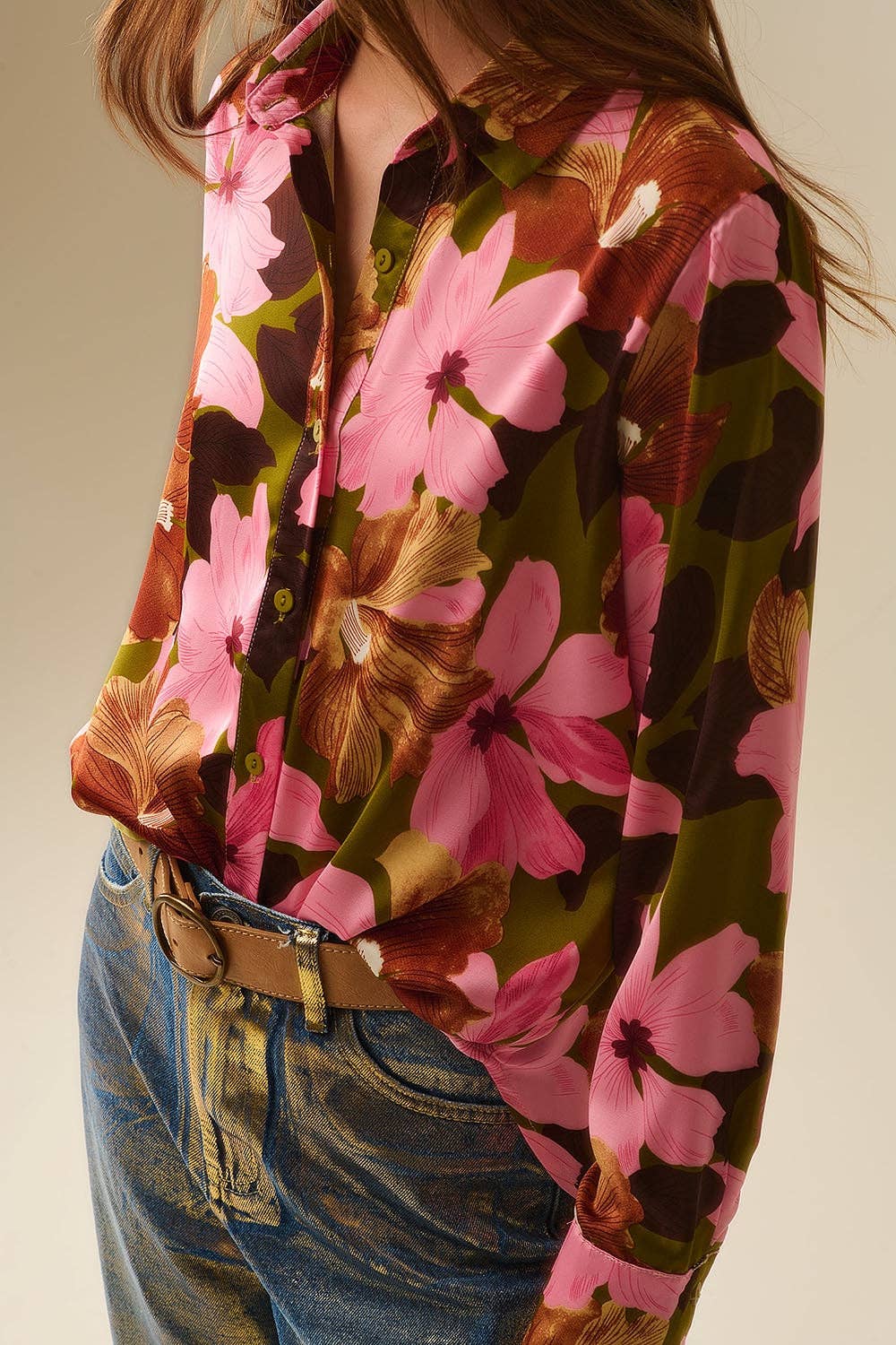 Satin Finish Tropical Floral Shirt in Olive Green
