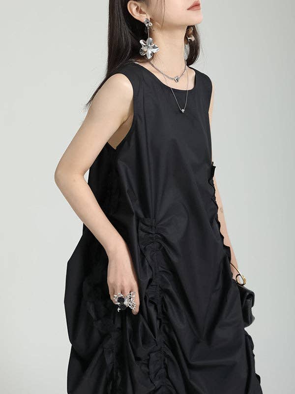 Loose Sleeveless Asymmetric Elasticity Pleated Solid Color Round-Neck Maxi Dresses