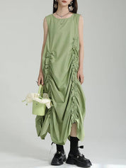 Loose Sleeveless Asymmetric Elasticity Pleated Solid Color Round-Neck Maxi Dresses