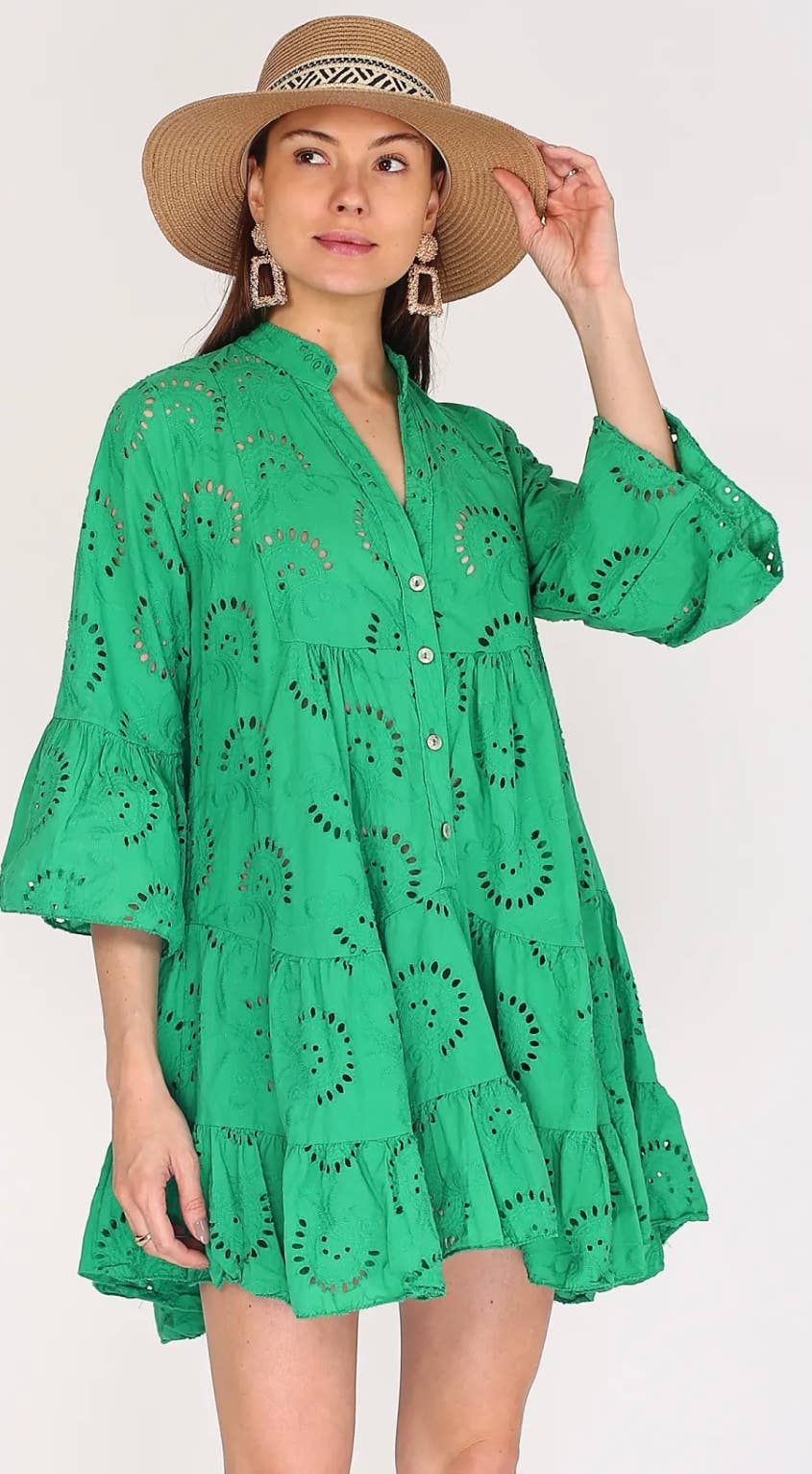 Embroidered Short Dress Billowy Sleeves