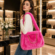 Solid Plush Faux Fur Shoulder Tote Bag