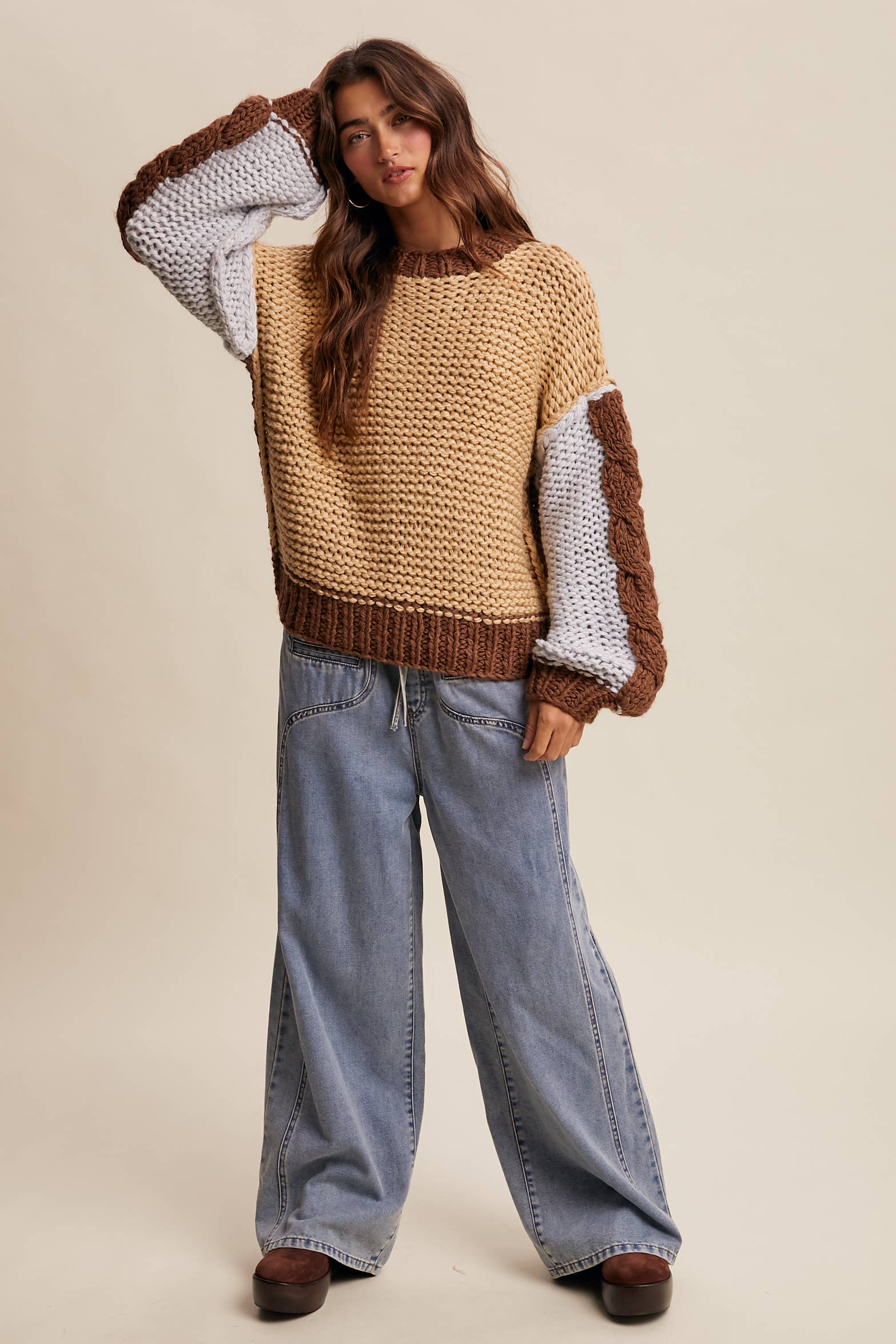 Hand-Knit Colorblock Chunky Pullover