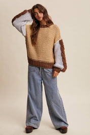 Hand-Knit Colorblock Chunky Pullover