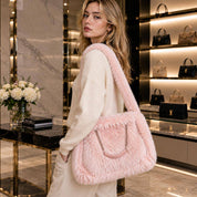 Solid Plush Faux Fur Shoulder Tote Bag
