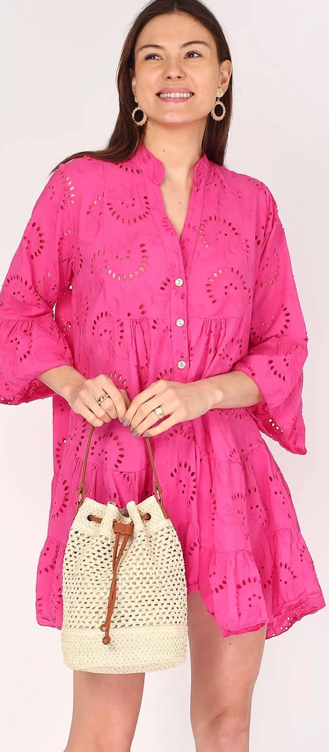 Embroidered Short Dress Billowy Sleeves