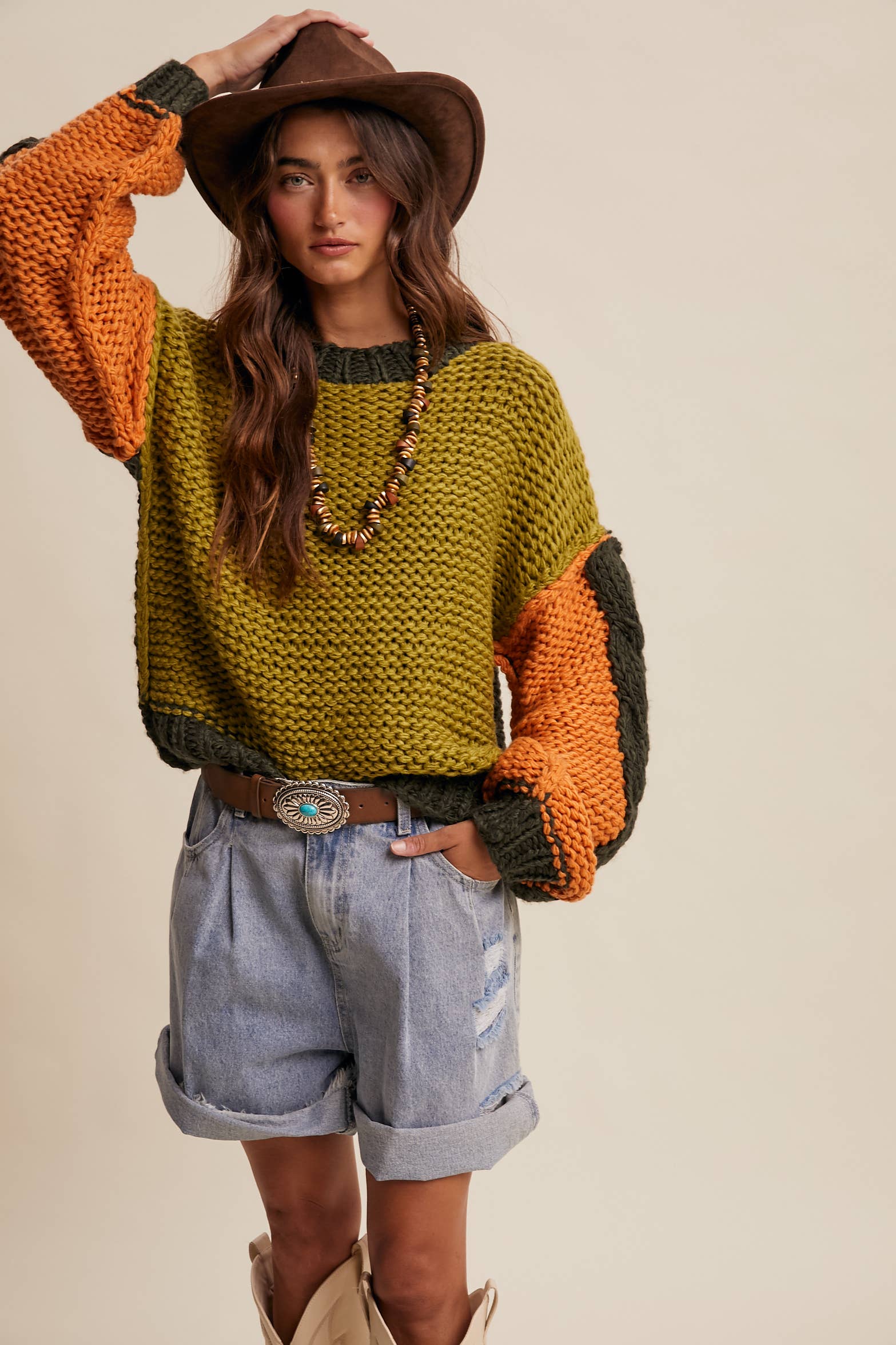 Hand-Knit Colorblock Chunky Pullover
