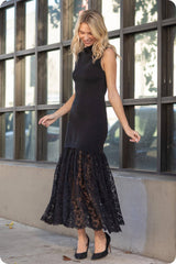 Lace Contrast Mock Neck Knit Dress
