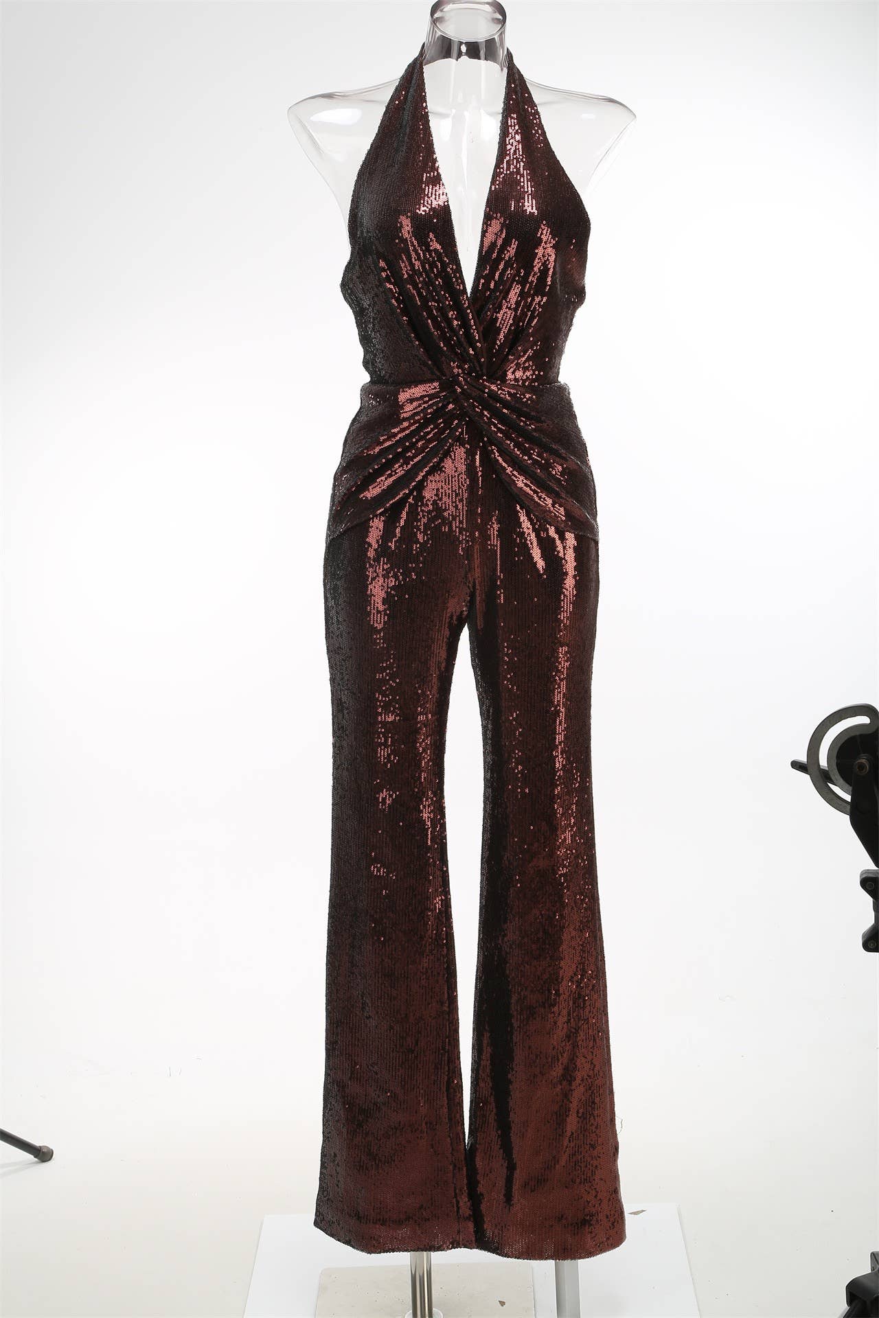 Sequin Halter Deep V High-Waist Flared Party Jumpsuit