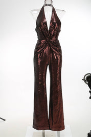 Sequin Halter Deep V High-Waist Flared Party Jumpsuit