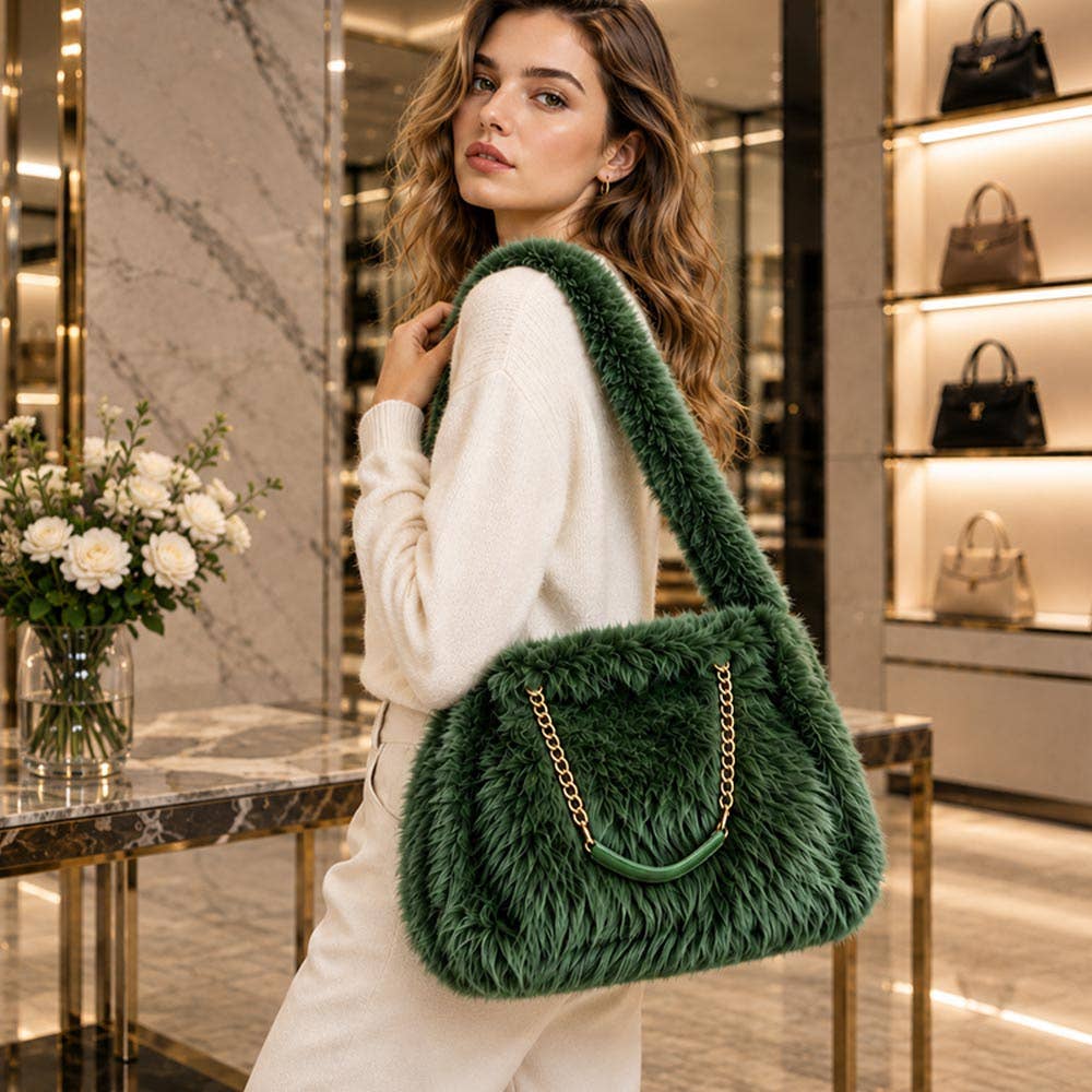Solid Plush Faux Fur Shoulder Tote Bag
