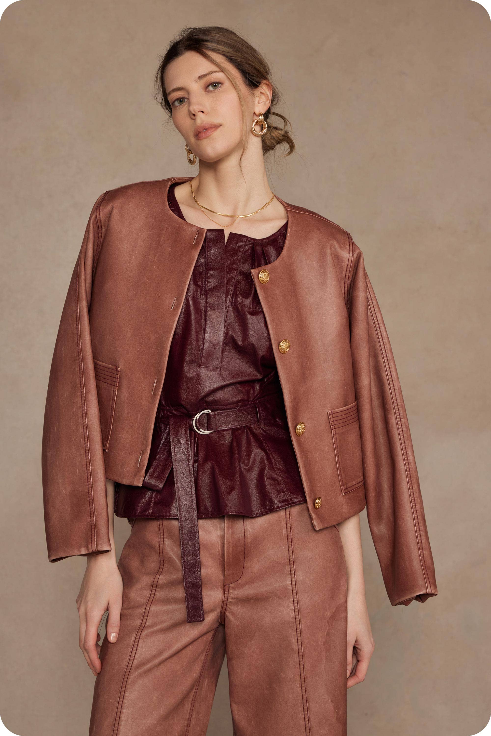 Stitch Contrast Detail Washed Faux Leather Jacket