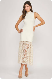 Lace Contrast Mock Neck Knit Dress