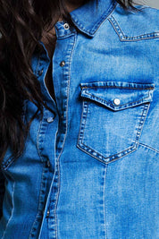 Mid Wash Denim Shirt  With Chest Pockets And Press Buttons