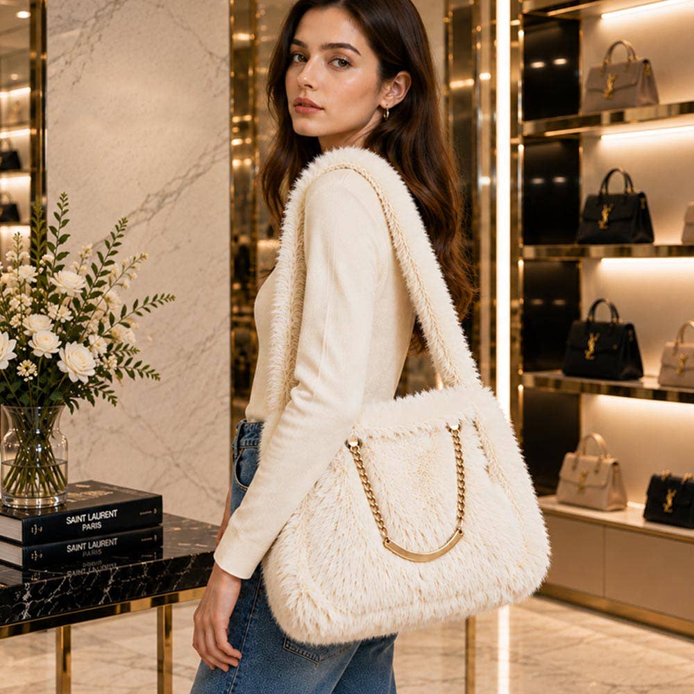 Solid Plush Faux Fur Shoulder Tote Bag