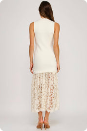 Lace Contrast Mock Neck Knit Dress