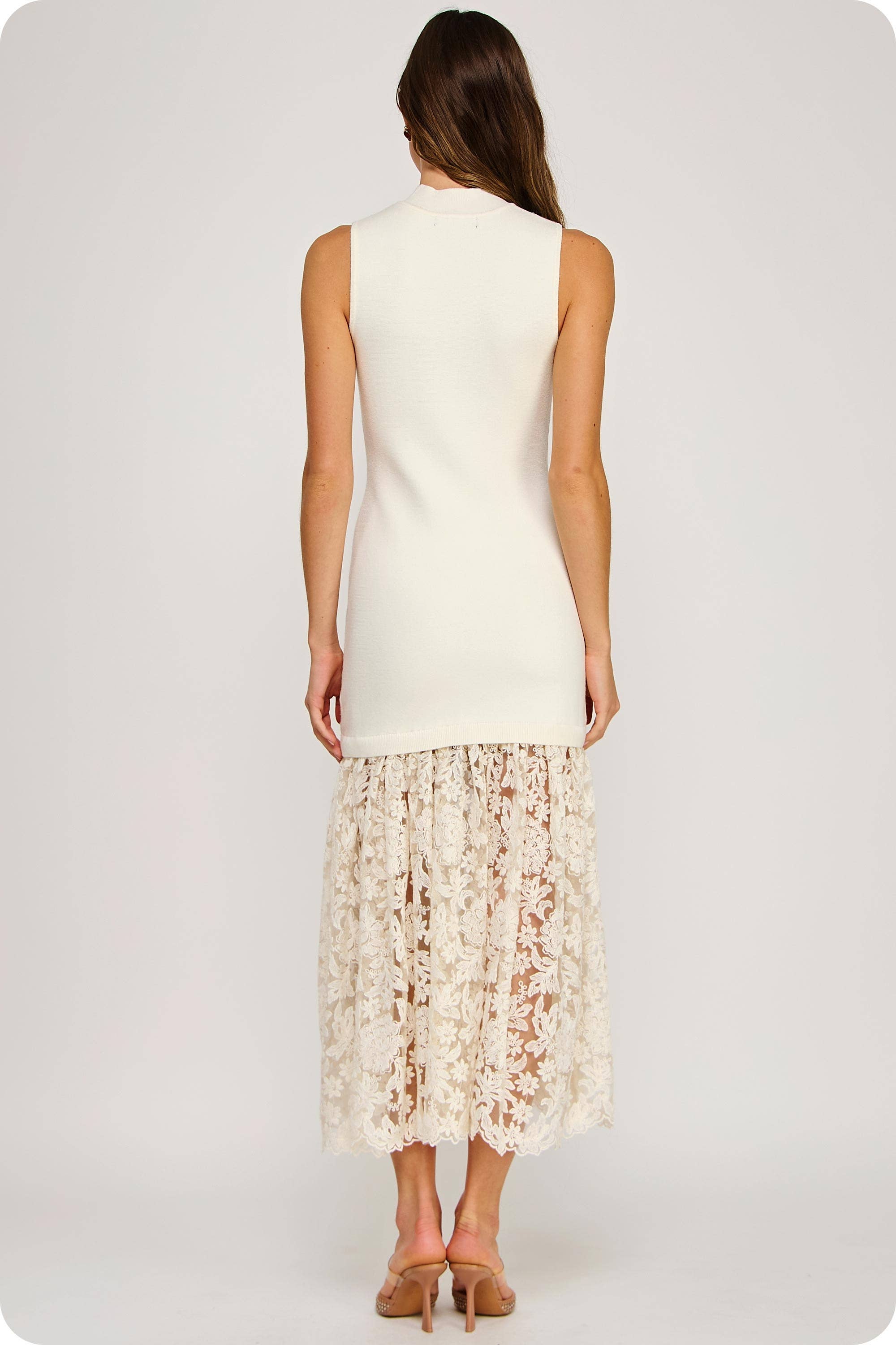 Lace Contrast Mock Neck Knit Dress