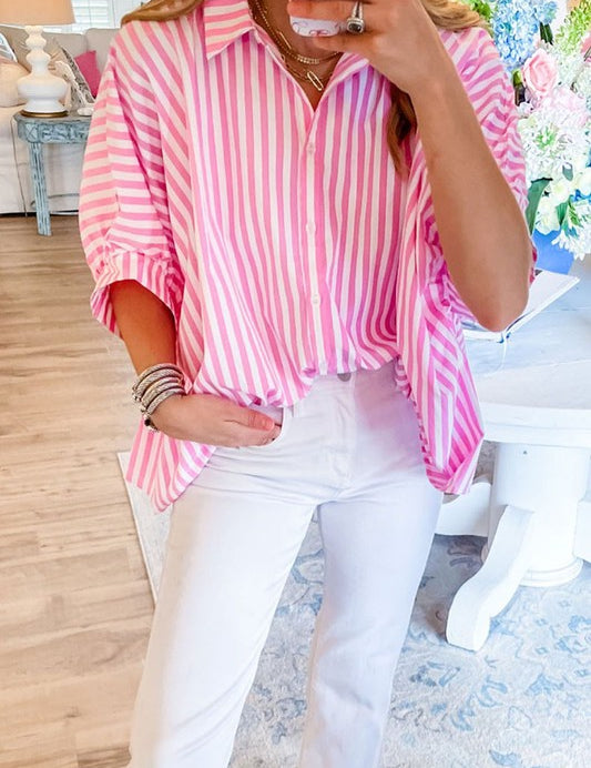 Women Stripe Dolman Sleeve Oversize Shirt