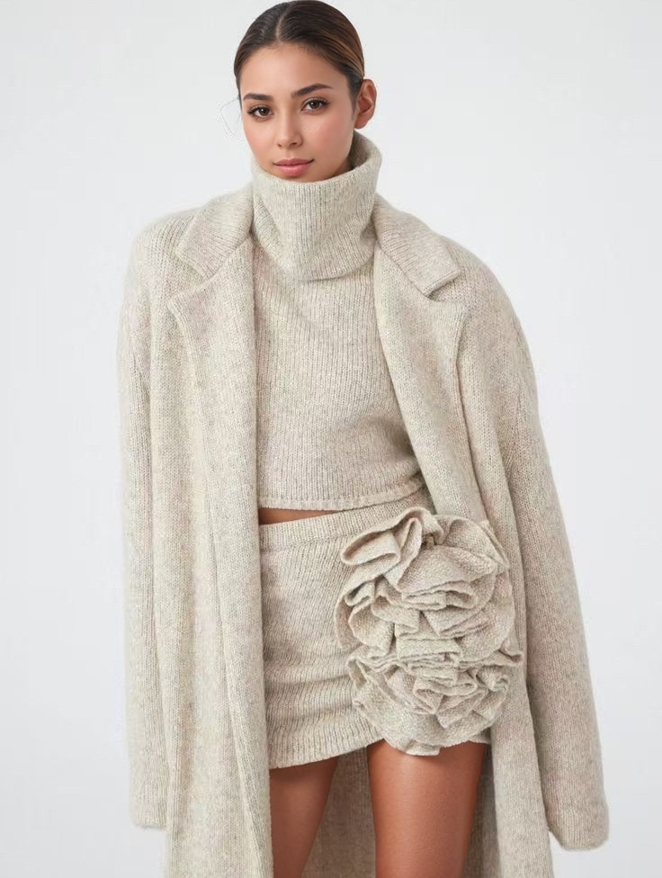 Soft Neutrals Knit Set – Jacket, Turtleneck & Skirt