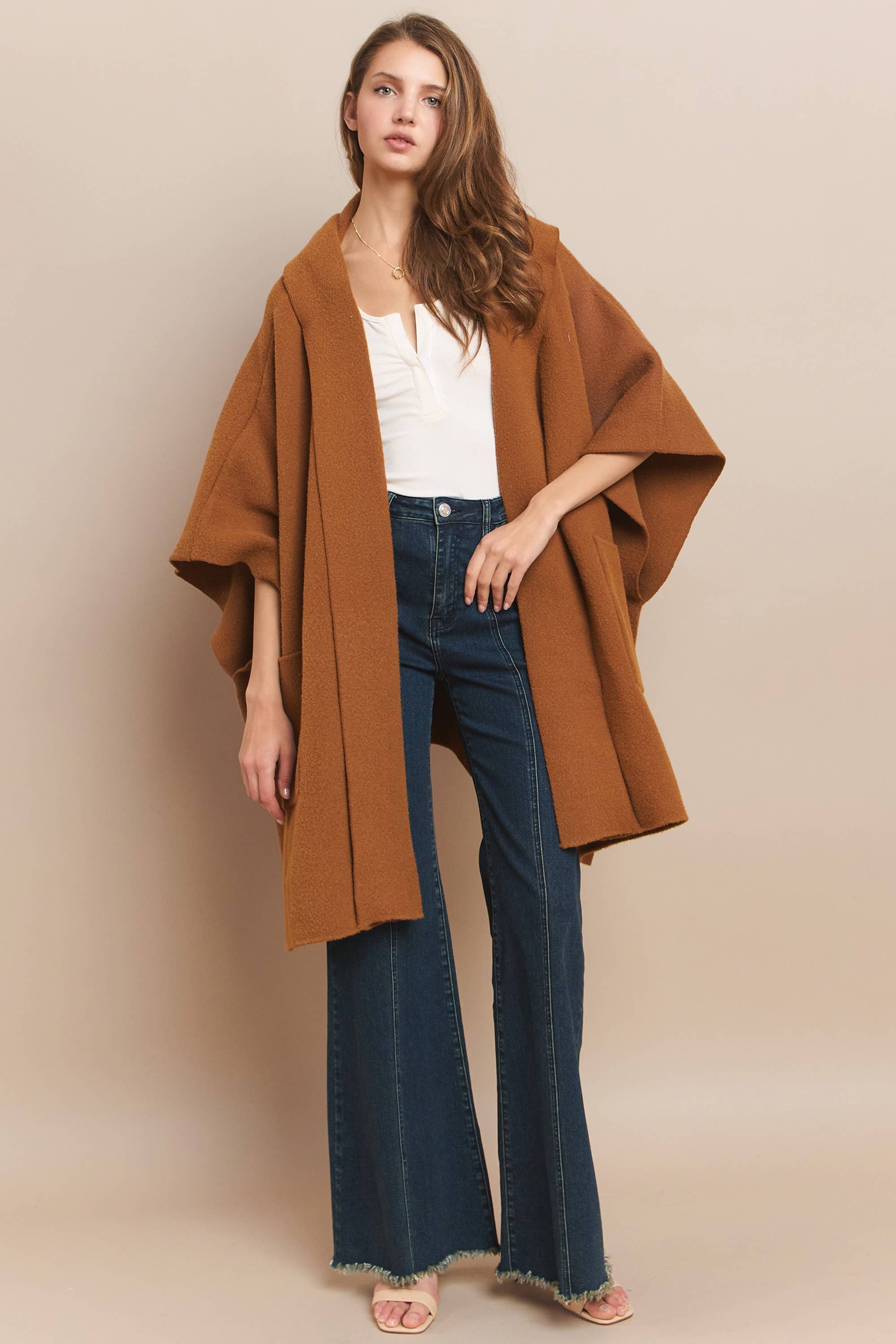 Soft Brushed  Knit Poncho with pockets