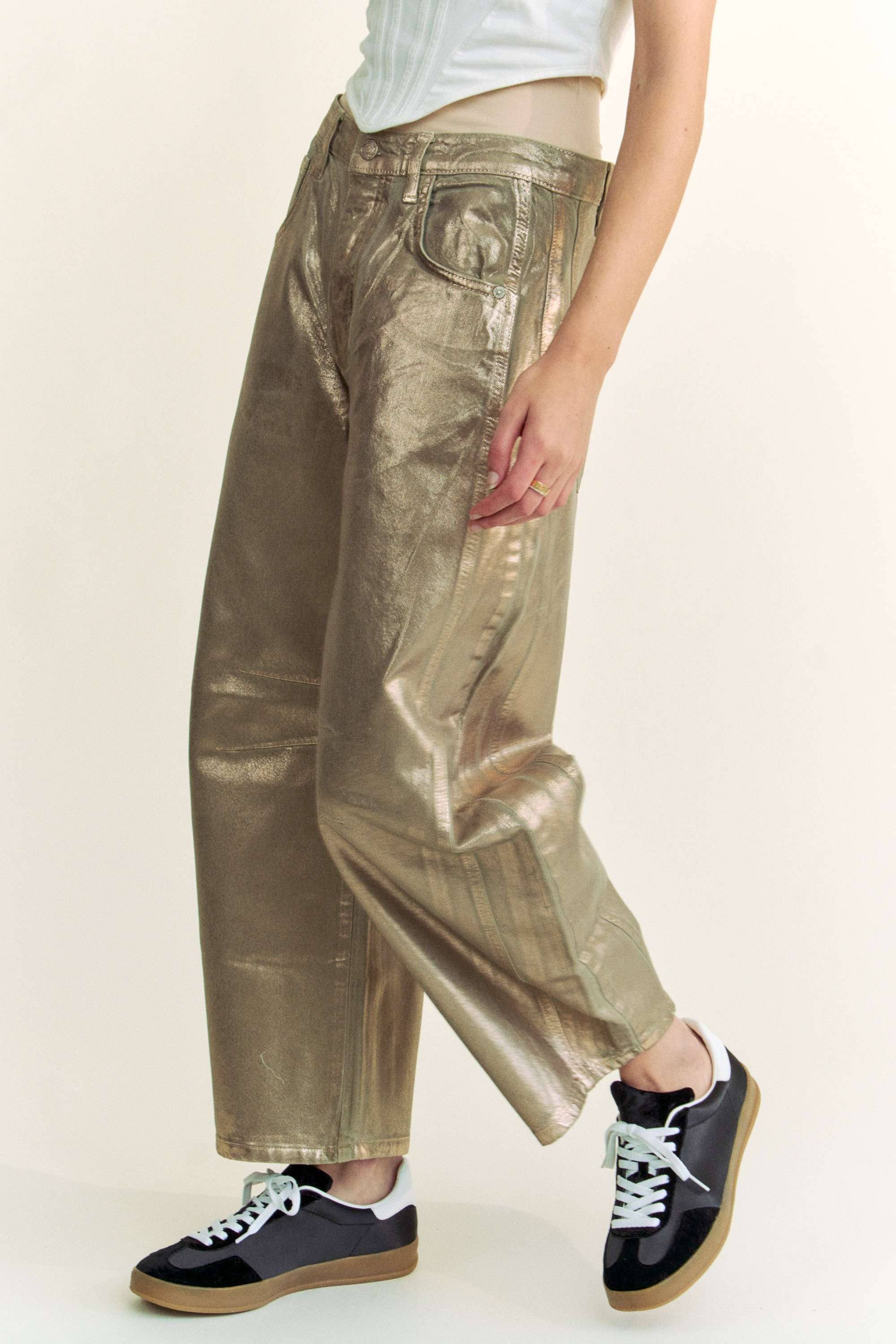 STRUCTURED BARREL LEGS RETRO GOLD FOILED JEANS