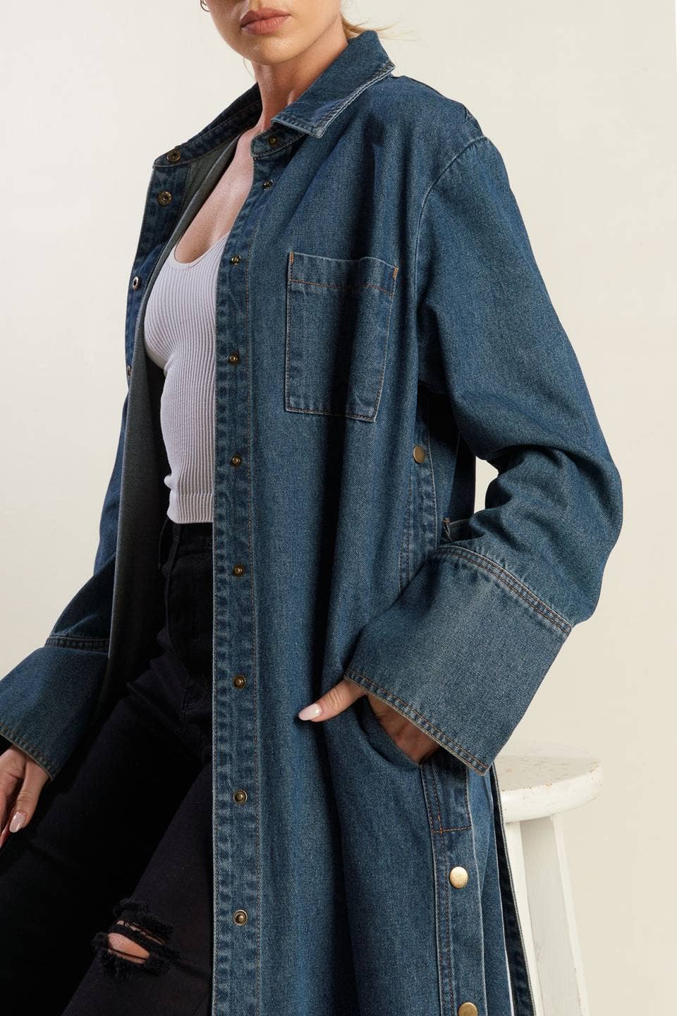white christmas dresses Liya Aqua Denim Cut-Out Trench Coat