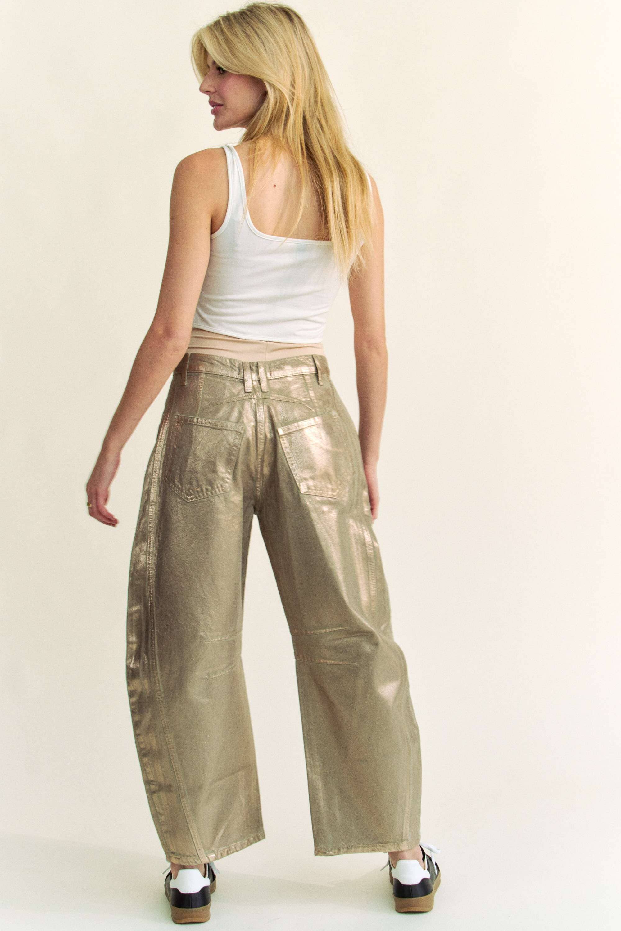 STRUCTURED BARREL LEGS RETRO GOLD FOILED JEANS
