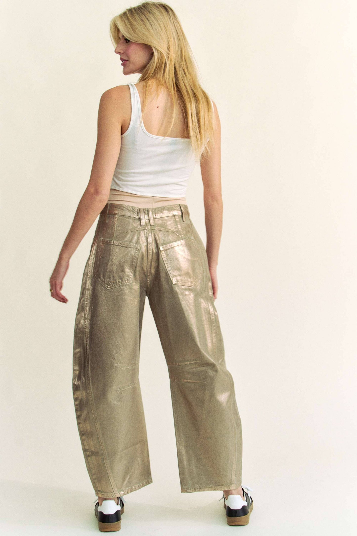 STRUCTURED BARREL LEGS RETRO GOLD FOILED JEANS