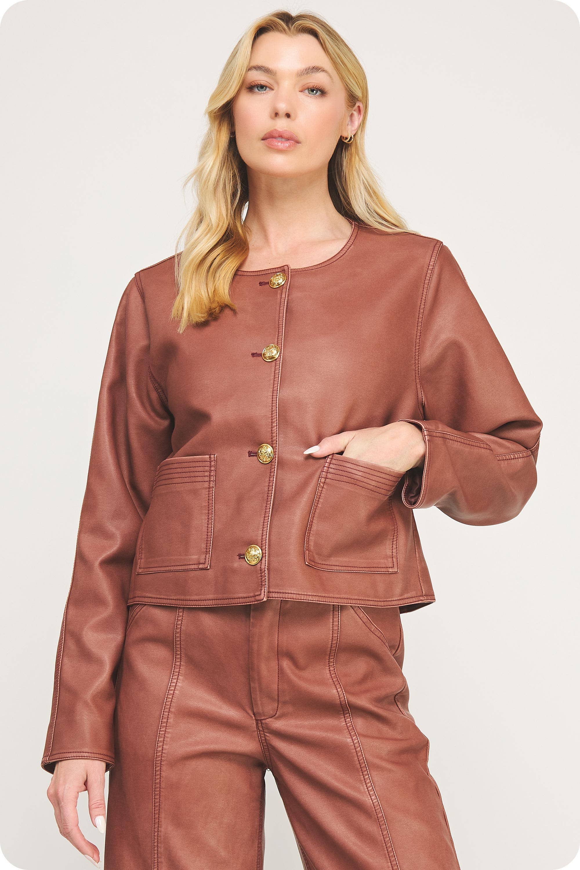 Stitch Contrast Detail Washed Faux Leather Jacket