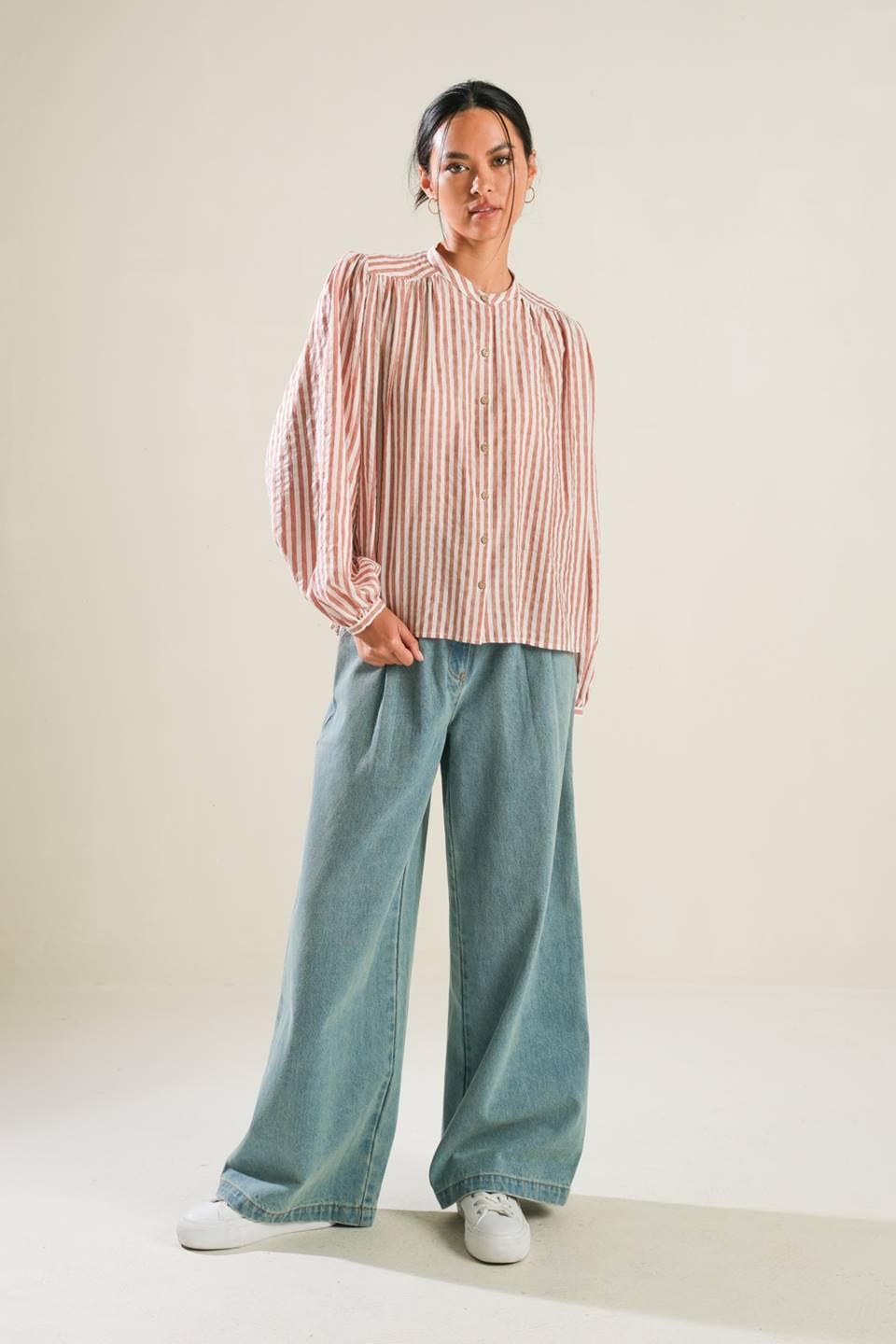 Russet Striped Button-Up Peasant Top