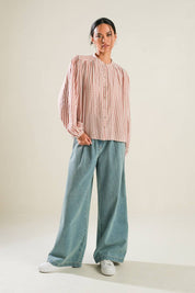Russet Striped Button-Up Peasant Top