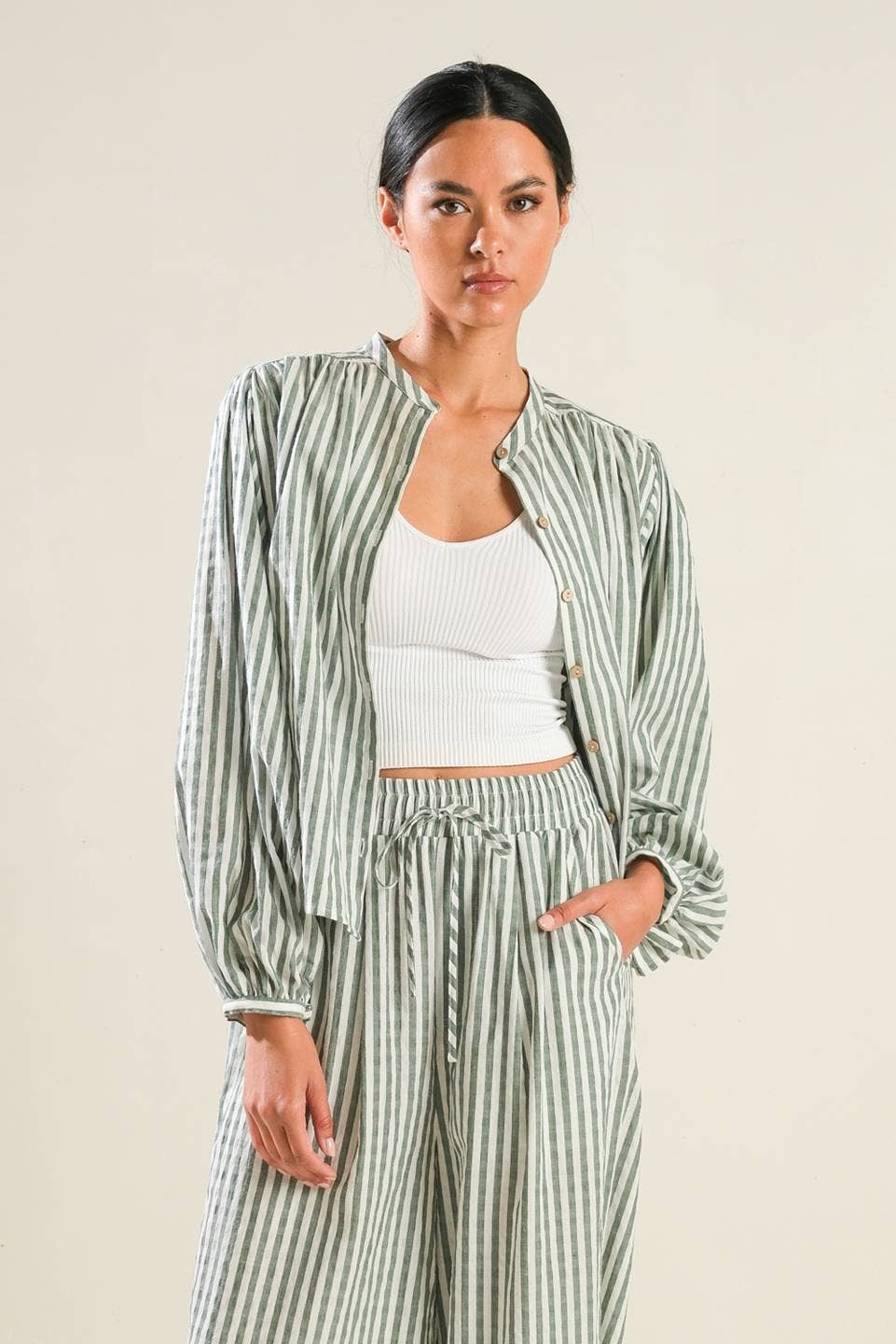 Russet Striped Button-Up Peasant Top