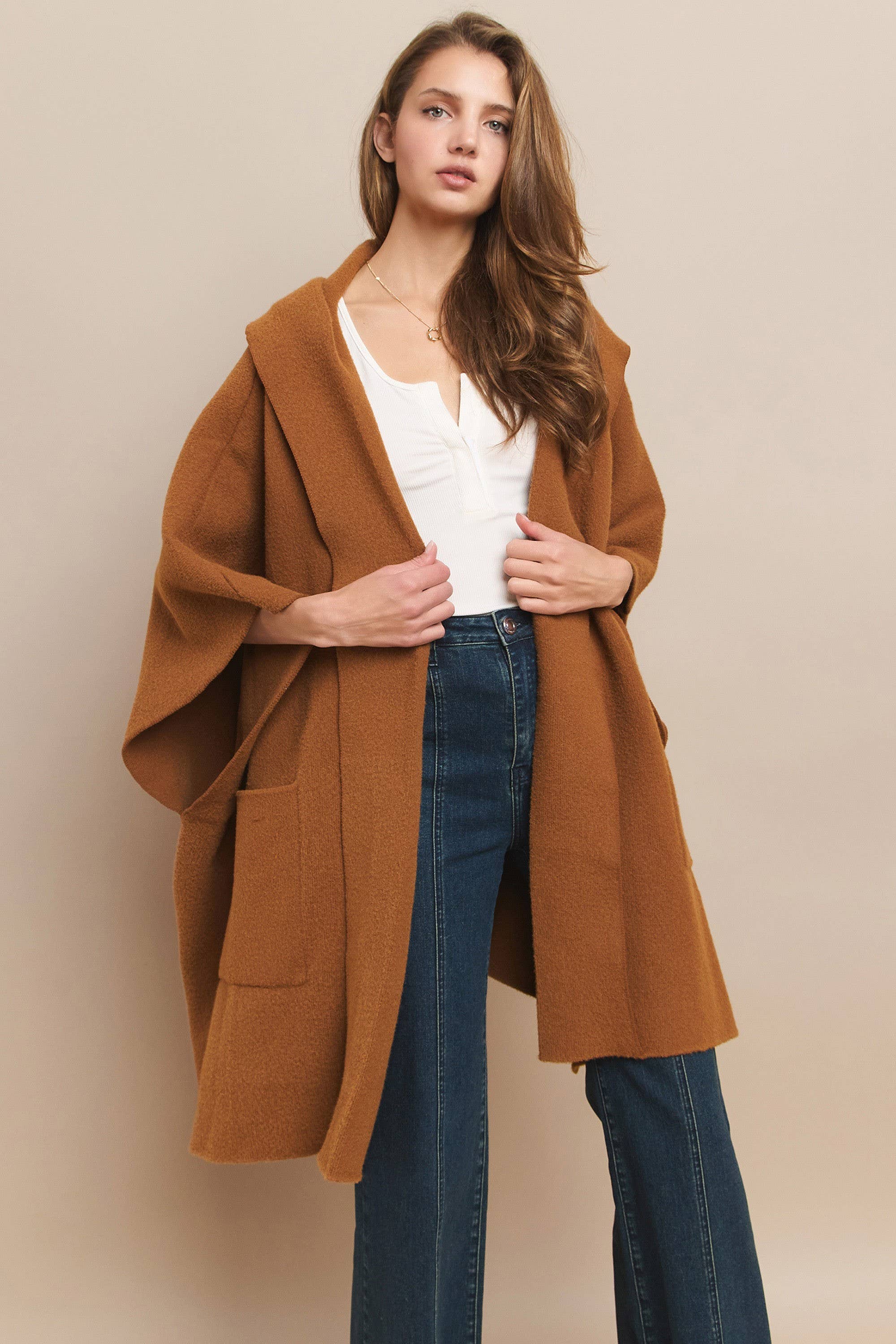 Soft Brushed  Knit Poncho with pockets