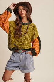 Hand-Knit Colorblock Chunky Pullover