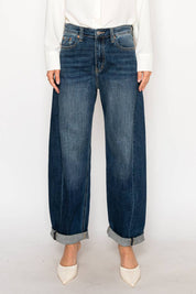 HIGH RISE RELAXED TAPERED DARK WASH BARREL JEANS