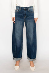 HIGH RISE RELAXED TAPERED DARK WASH BARREL JEANS