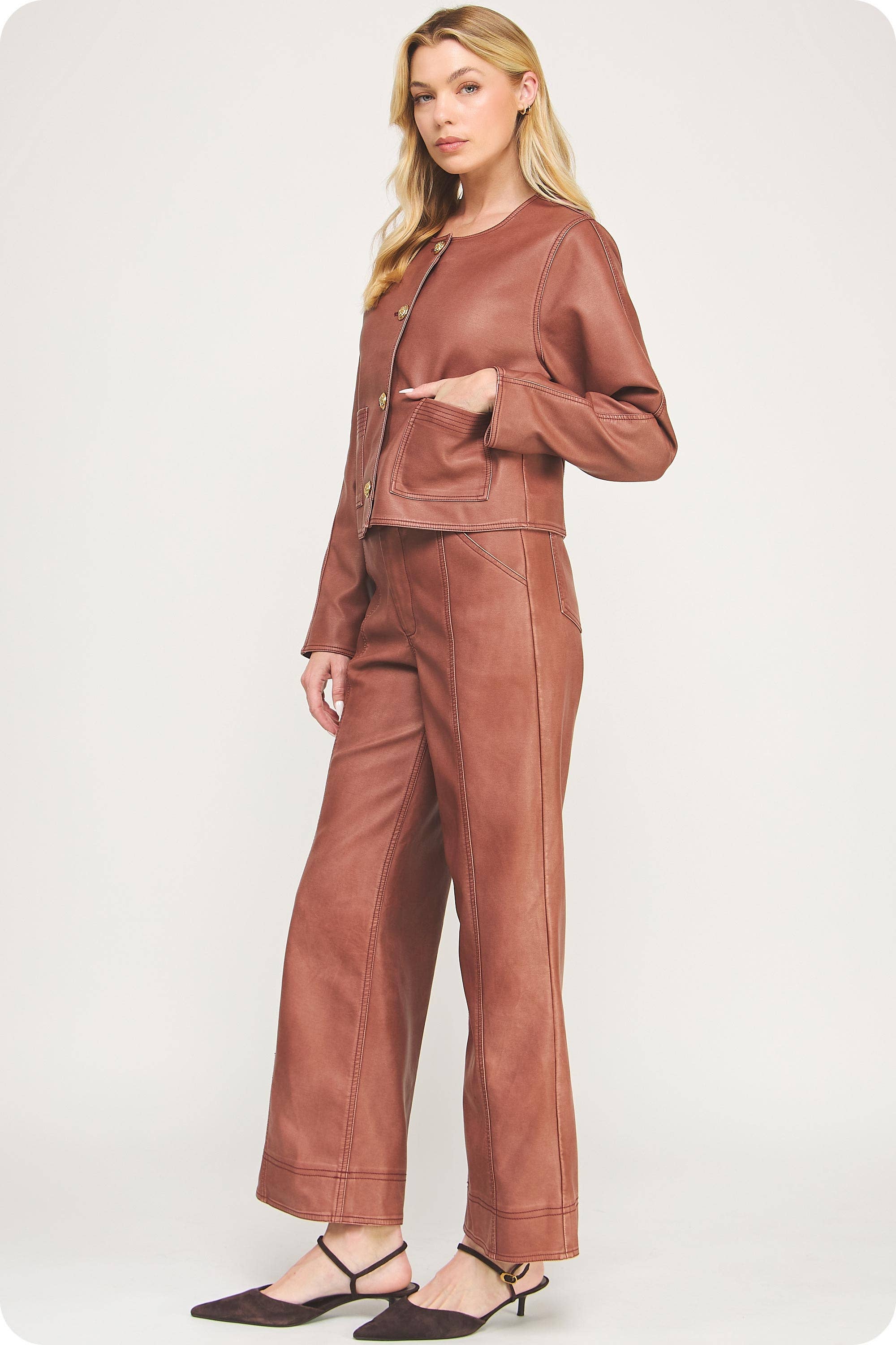 Stitch Contrast Detail Washed Faux Leather Jacket