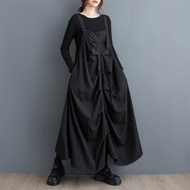 Pleated Suspenders Midi Dress