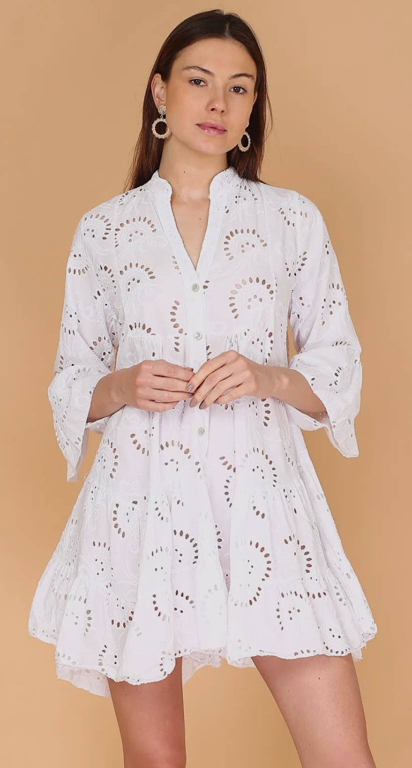 Embroidered Short Dress Billowy Sleeves