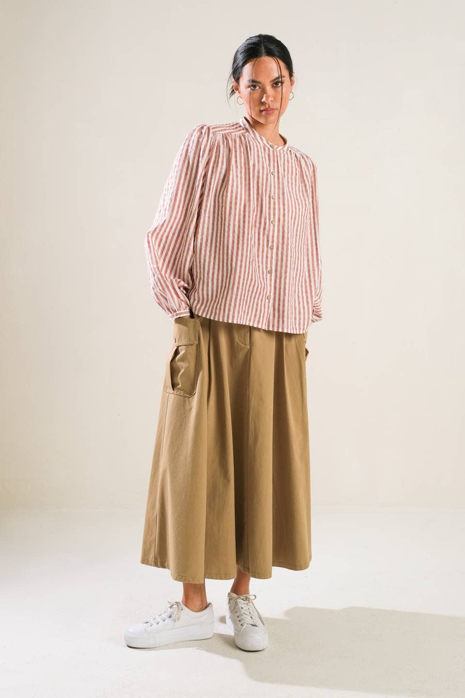 Russet Striped Button-Up Peasant Top
