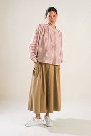 Russet Striped Button-Up Peasant Top